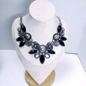 Statement Necklace Antique Silver Daisies Smoky Grey Crystal Droppers faux Pearl
